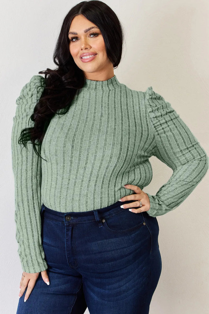 Basic Bae Full Size Ribbed Mock Neck Puff Sleeve T-Shirt - Hopeford Streams
