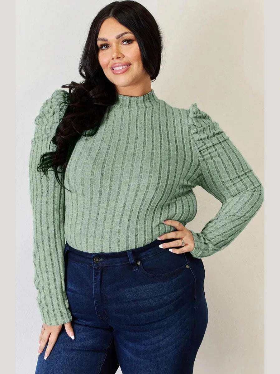 Basic Bae Full Size Ribbed Mock Neck Puff Sleeve T-Shirt -- 