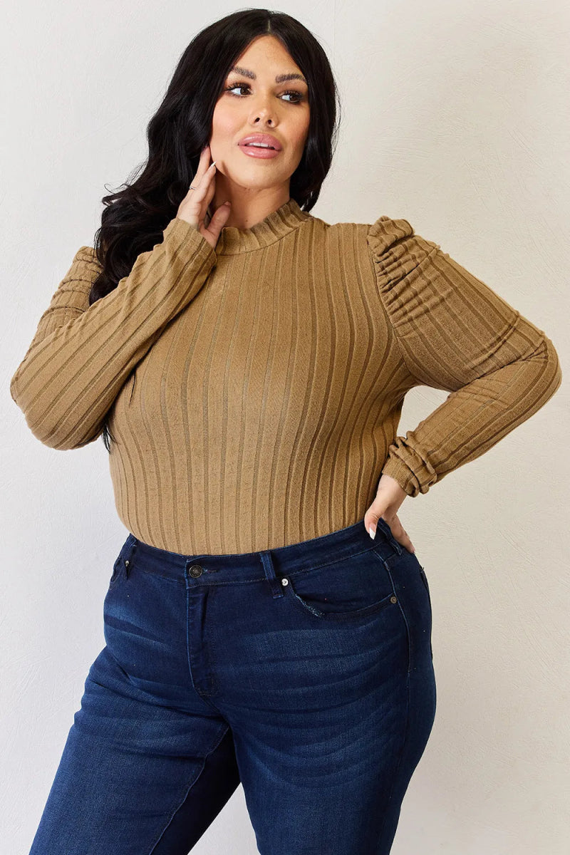 Basic Bae Full Size Ribbed Mock Neck Puff Sleeve T-Shirt - Hopeford Streams