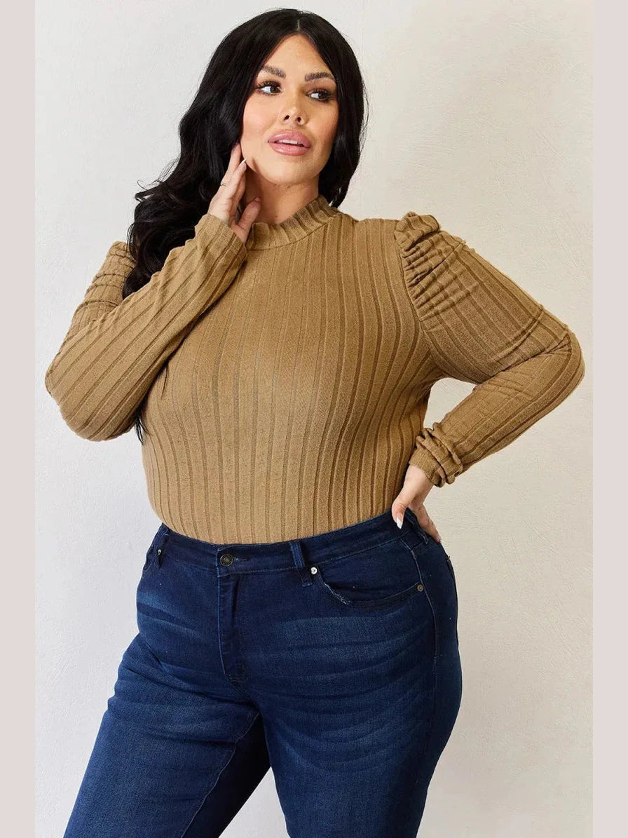 Basic Bae Full Size Ribbed Mock Neck Puff Sleeve T-Shirt -- 