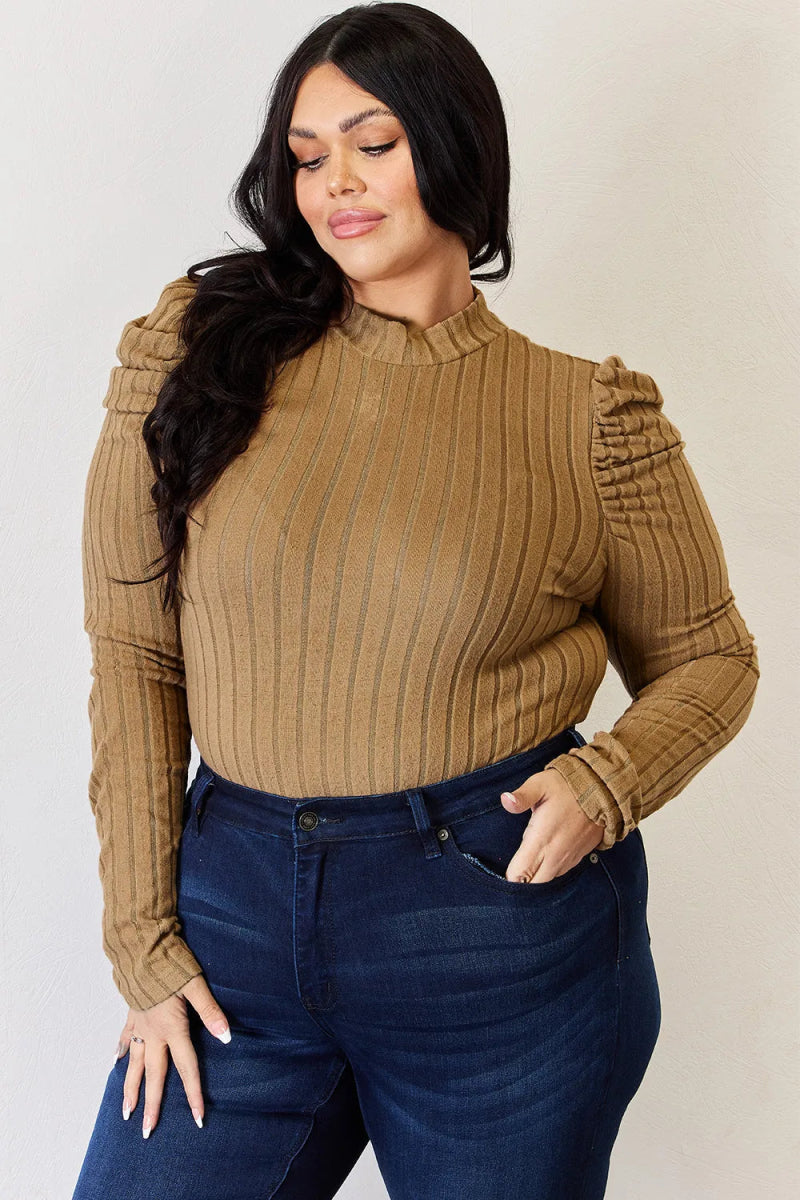 Basic Bae Full Size Ribbed Mock Neck Puff Sleeve T-Shirt - Hopeford Streams