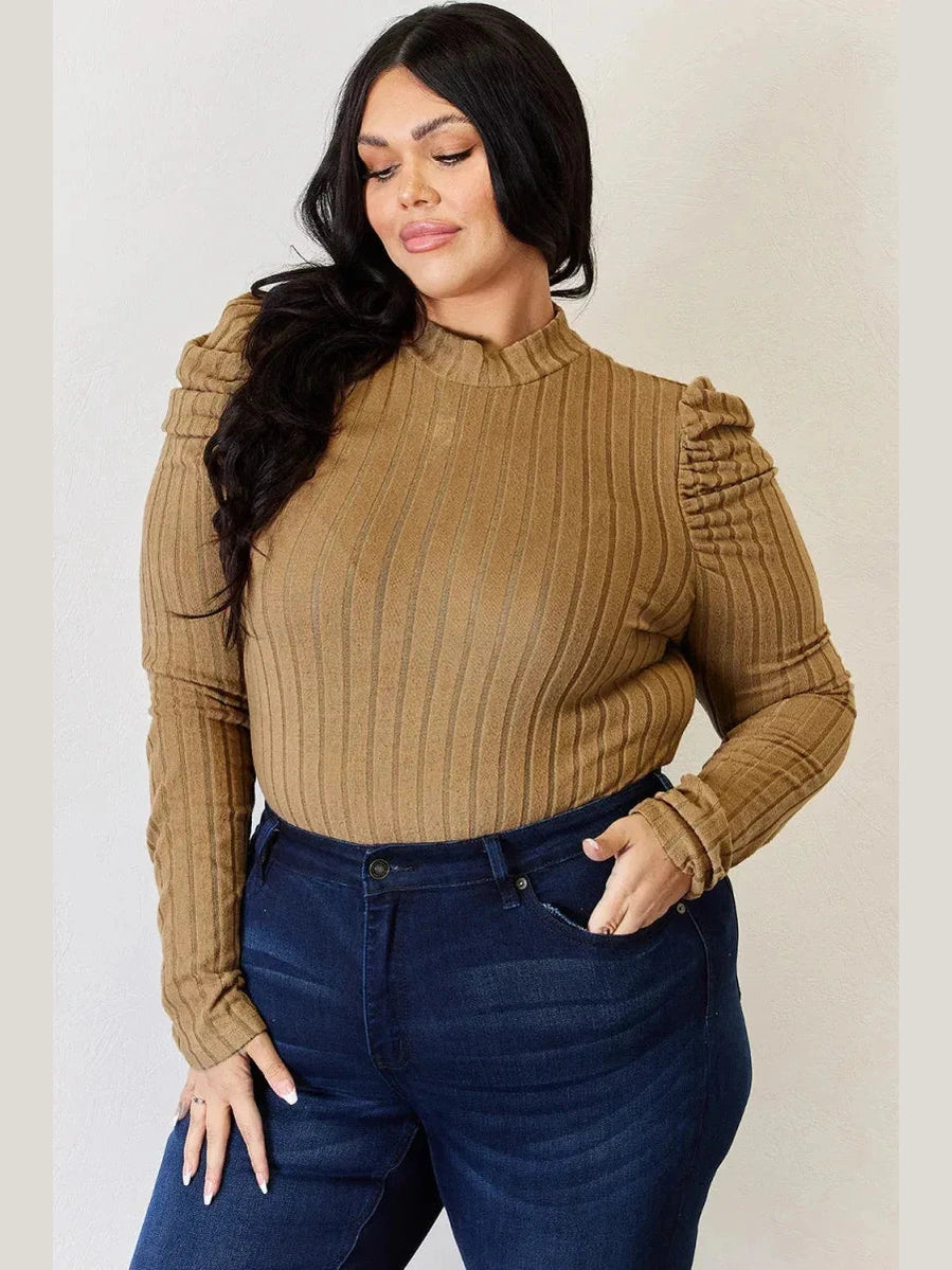 Basic Bae Full Size Ribbed Mock Neck Puff Sleeve T-Shirt -- 
