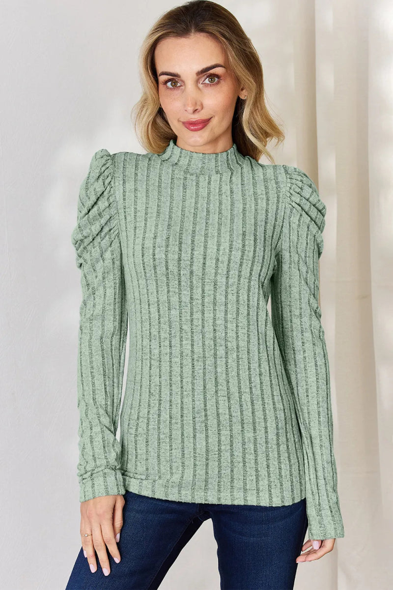 Basic Bae Full Size Ribbed Mock Neck Puff Sleeve T-Shirt - Hopeford Streams