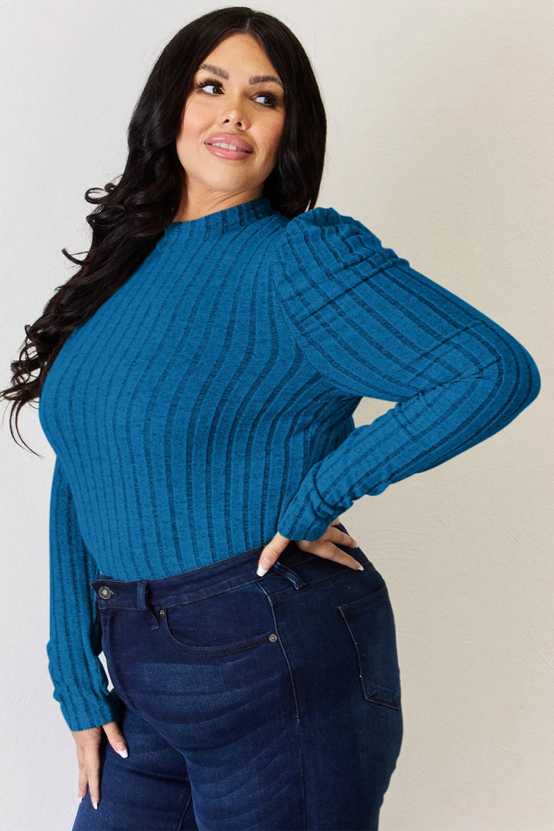 Basic Bae Full Size Ribbed Mock Neck Puff Sleeve T-Shirt - Hopeford Streams