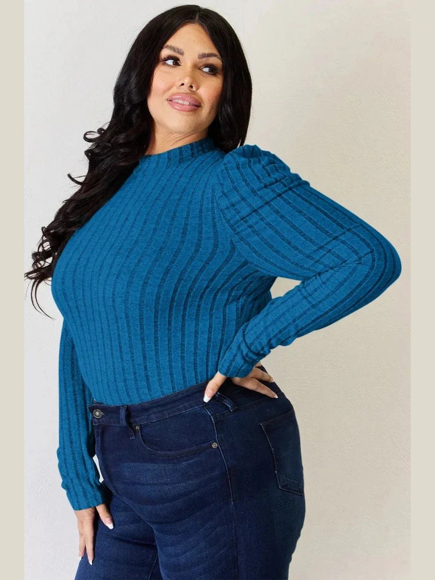 Basic Bae Full Size Ribbed Mock Neck Puff Sleeve T-Shirt -- 