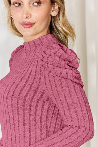 Basic Bae Full Size Ribbed Mock Neck Puff Sleeve T-Shirt - Hopeford Streams