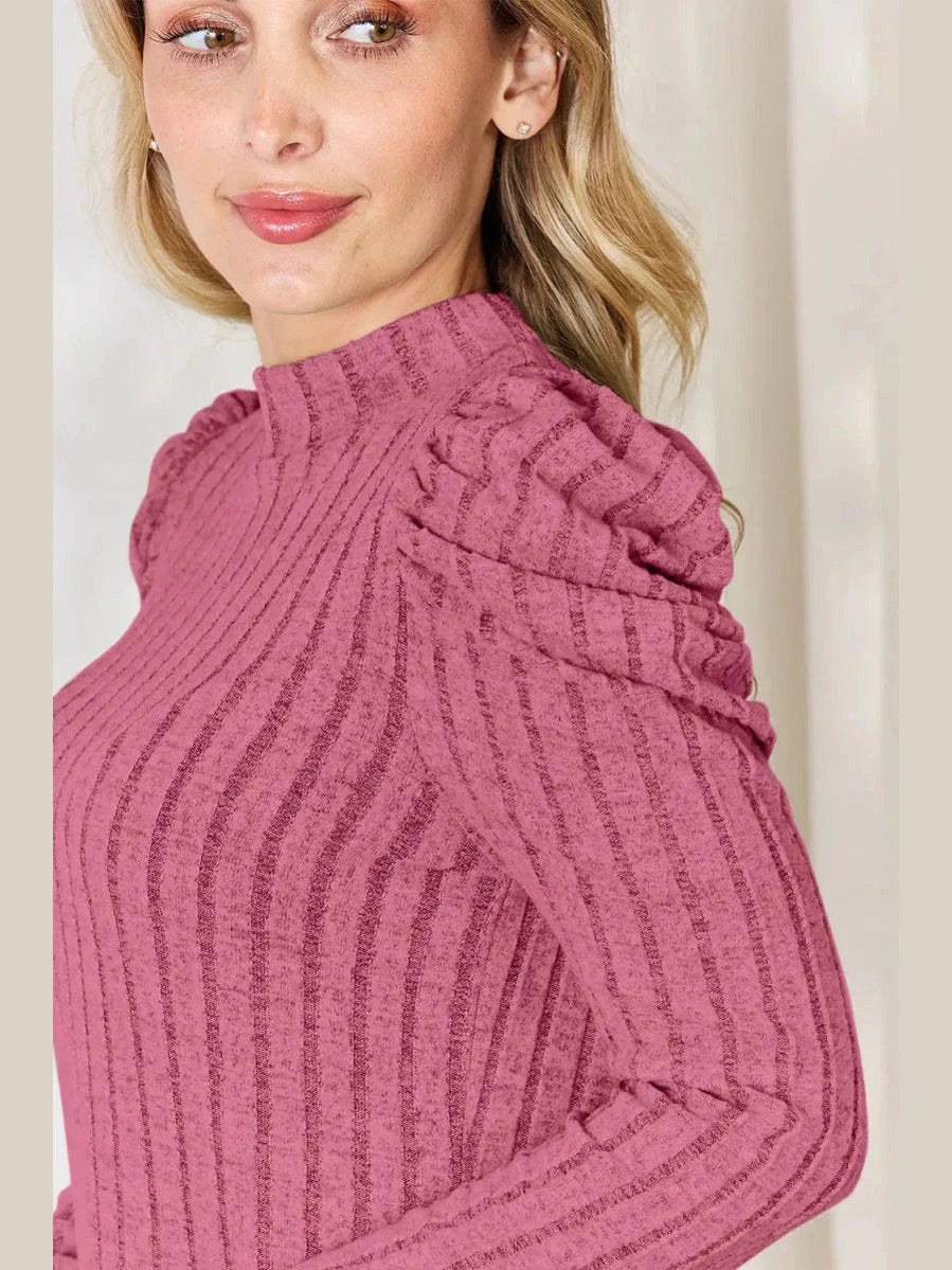 Basic Bae Full Size Ribbed Mock Neck Puff Sleeve T-Shirt -- 