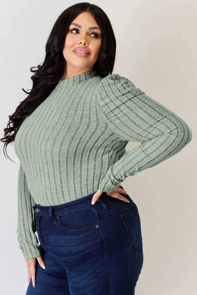 Basic Bae Full Size Ribbed Mock Neck Puff Sleeve T-Shirt - Hopeford Streams
