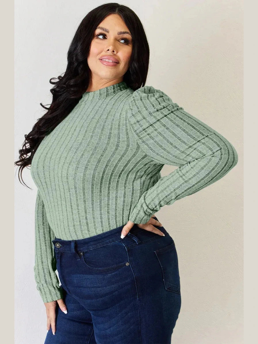 Basic Bae Full Size Ribbed Mock Neck Puff Sleeve T-Shirt -- 