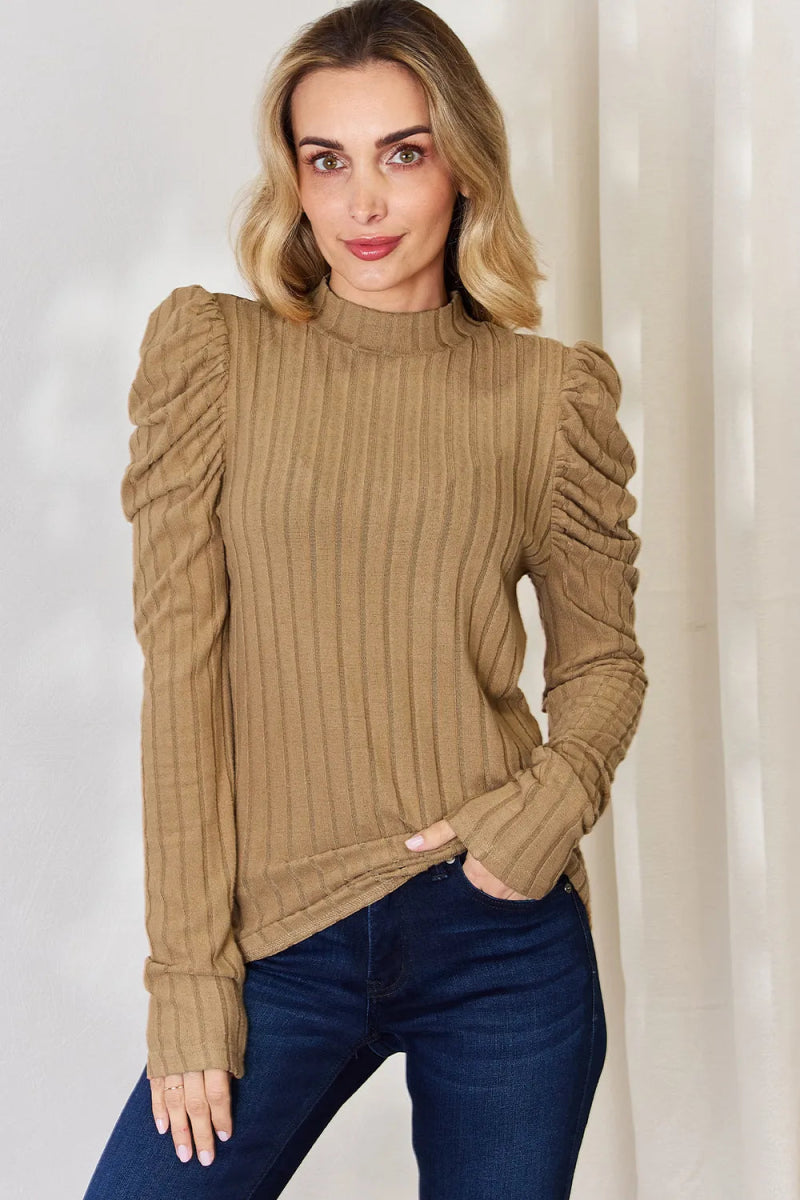 Basic Bae Full Size Ribbed Mock Neck Puff Sleeve T-Shirt - Hopeford Streams