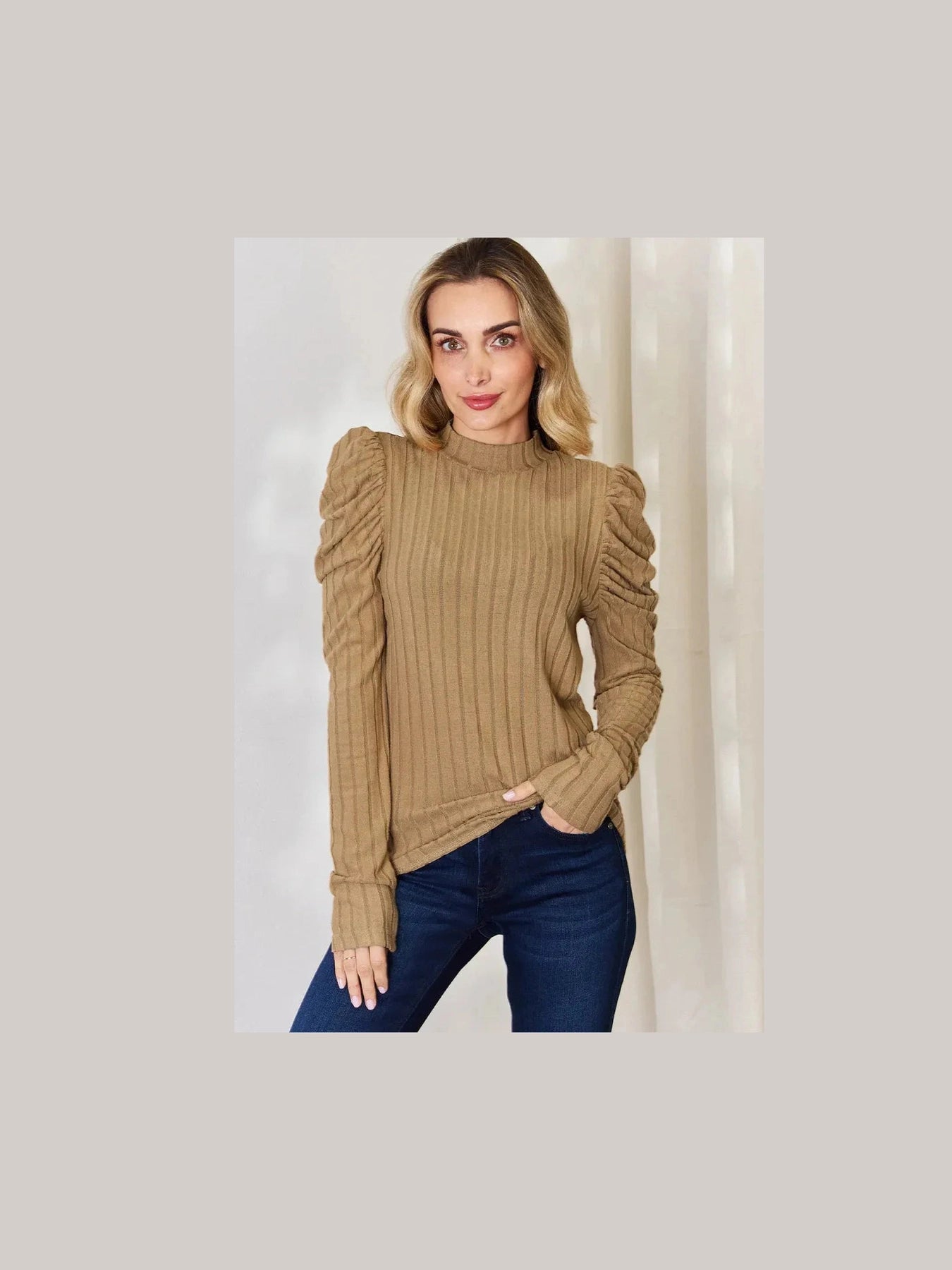 Basic Bae Full Size Ribbed Mock Neck Puff Sleeve T-Shirt -- 