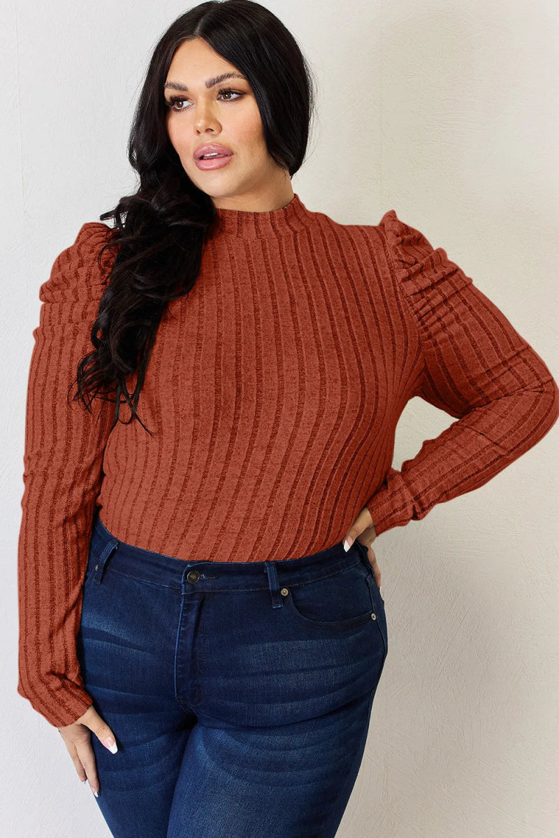 Basic Bae Full Size Ribbed Mock Neck Puff Sleeve T-Shirt - Hopeford Streams