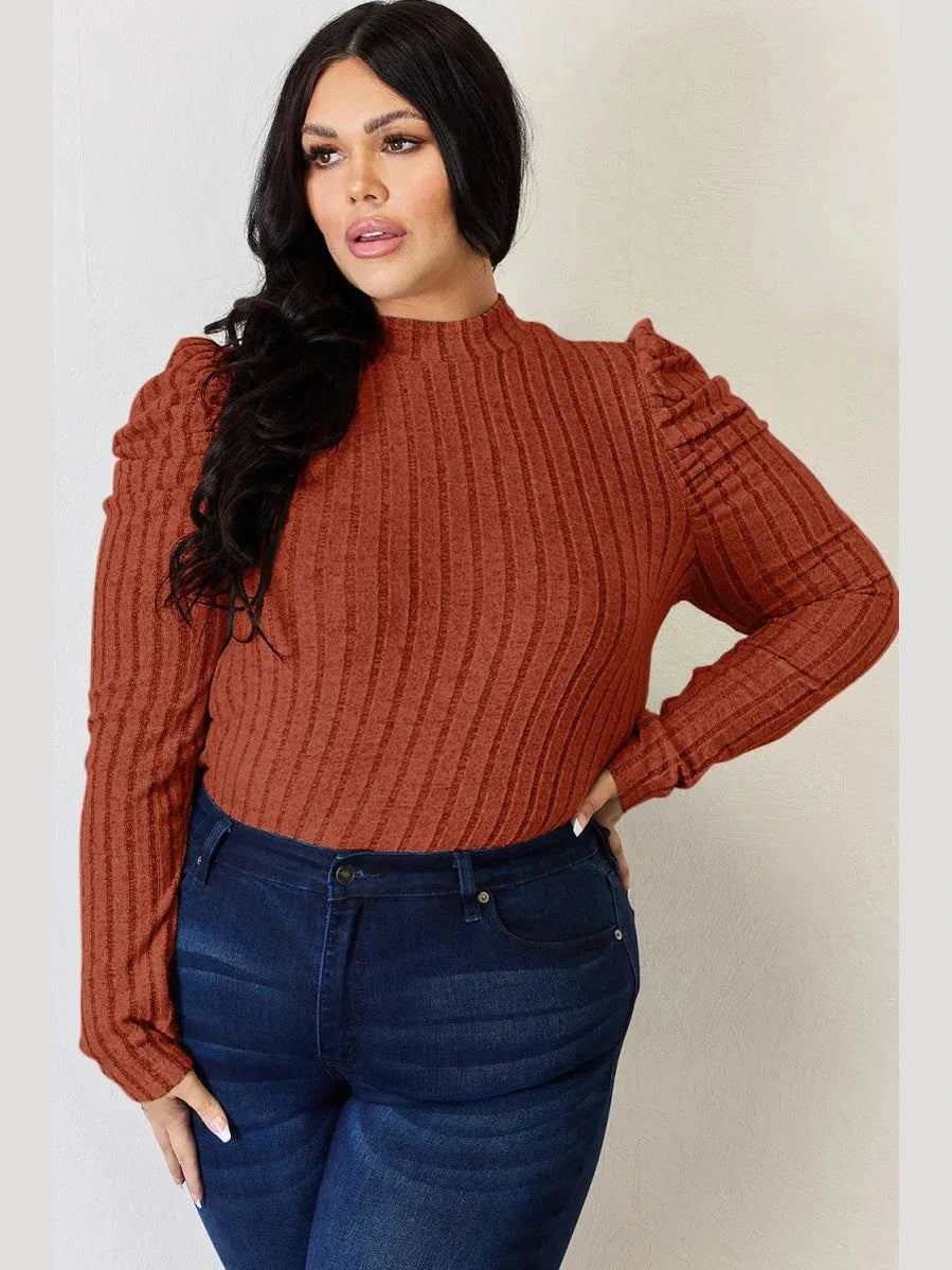 Basic Bae Full Size Ribbed Mock Neck Puff Sleeve T-Shirt -- 