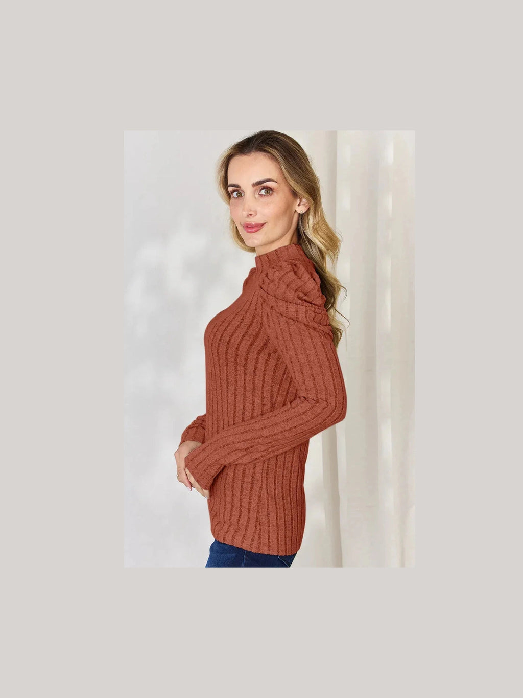 Basic Bae Full Size Ribbed Mock Neck Puff Sleeve T-Shirt -- 