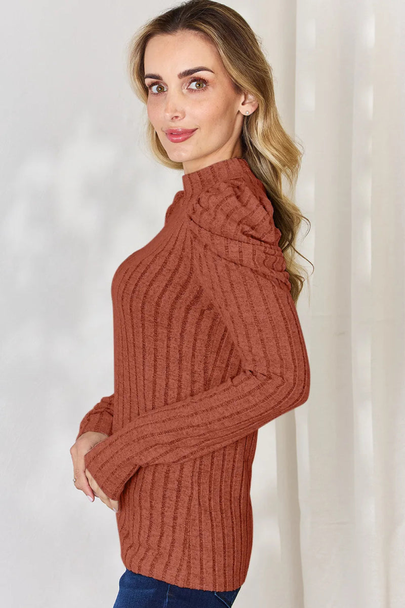 Basic Bae Full Size Ribbed Mock Neck Puff Sleeve T-Shirt - Hopeford Streams
