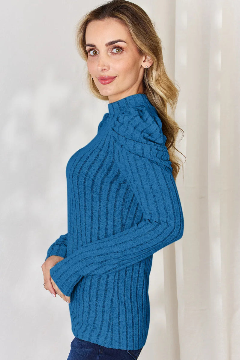 Basic Bae Full Size Ribbed Mock Neck Puff Sleeve T-Shirt - Hopeford Streams