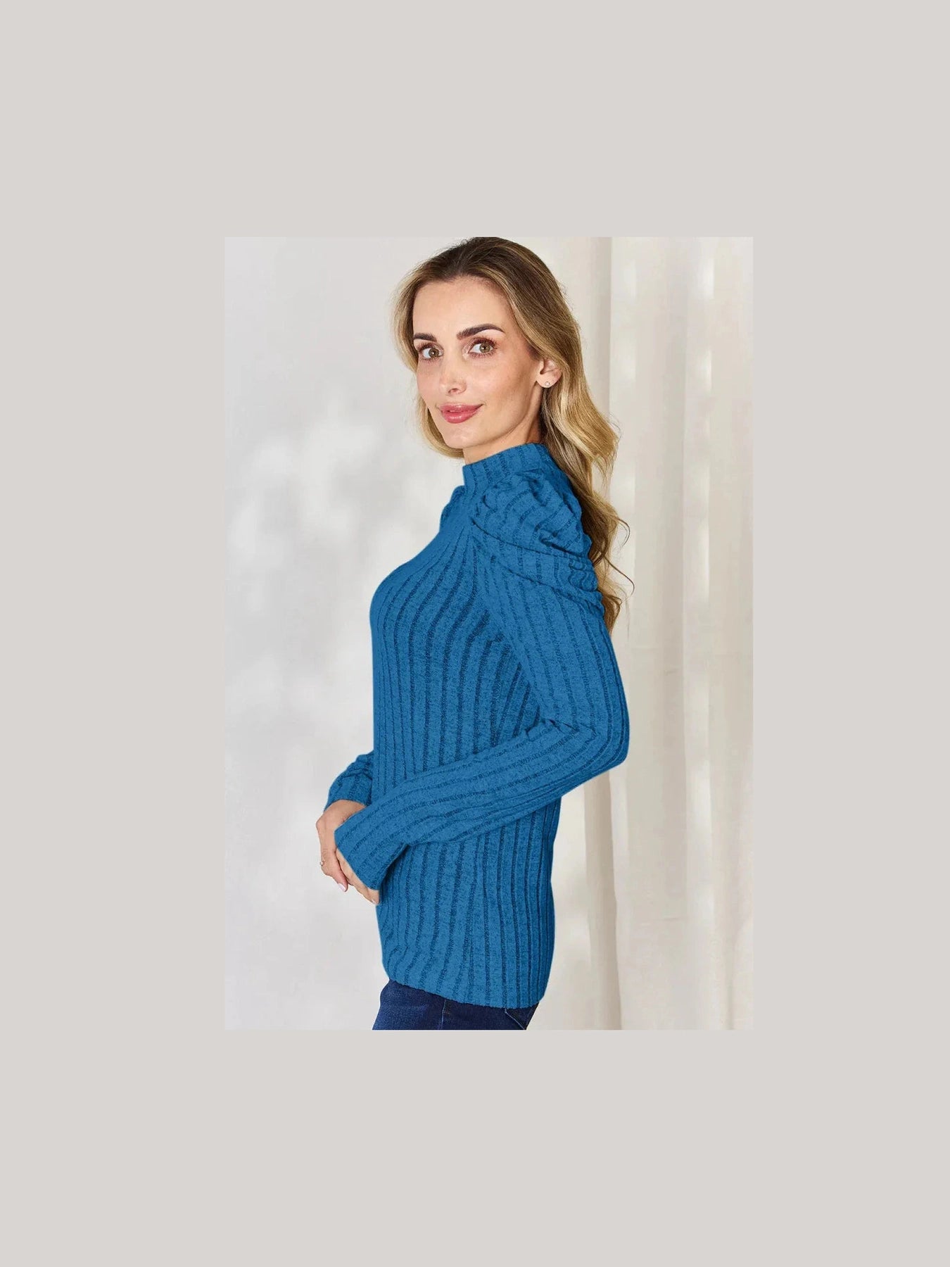 Basic Bae Full Size Ribbed Mock Neck Puff Sleeve T-Shirt -- 