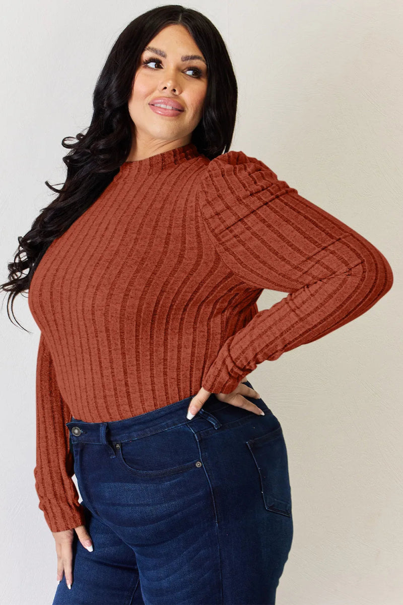 Basic Bae Full Size Ribbed Mock Neck Puff Sleeve T-Shirt - Hopeford Streams
