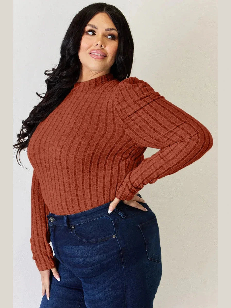 Basic Bae Full Size Ribbed Mock Neck Puff Sleeve T-Shirt -- 