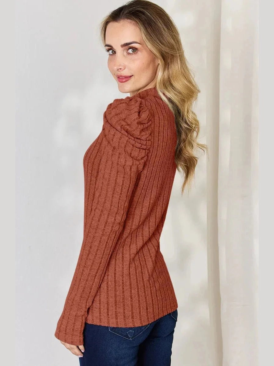 Basic Bae Full Size Ribbed Mock Neck Puff Sleeve T-Shirt -- 