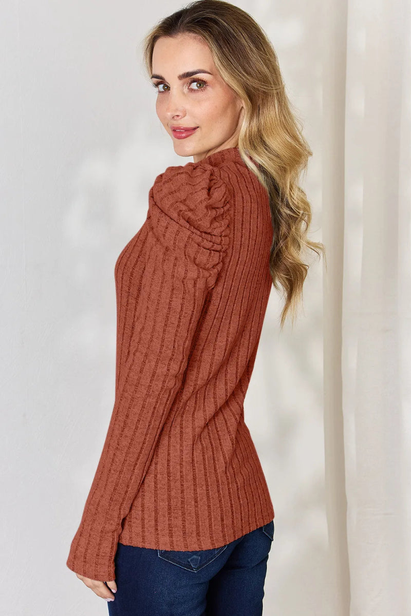 Basic Bae Full Size Ribbed Mock Neck Puff Sleeve T-Shirt - Hopeford Streams