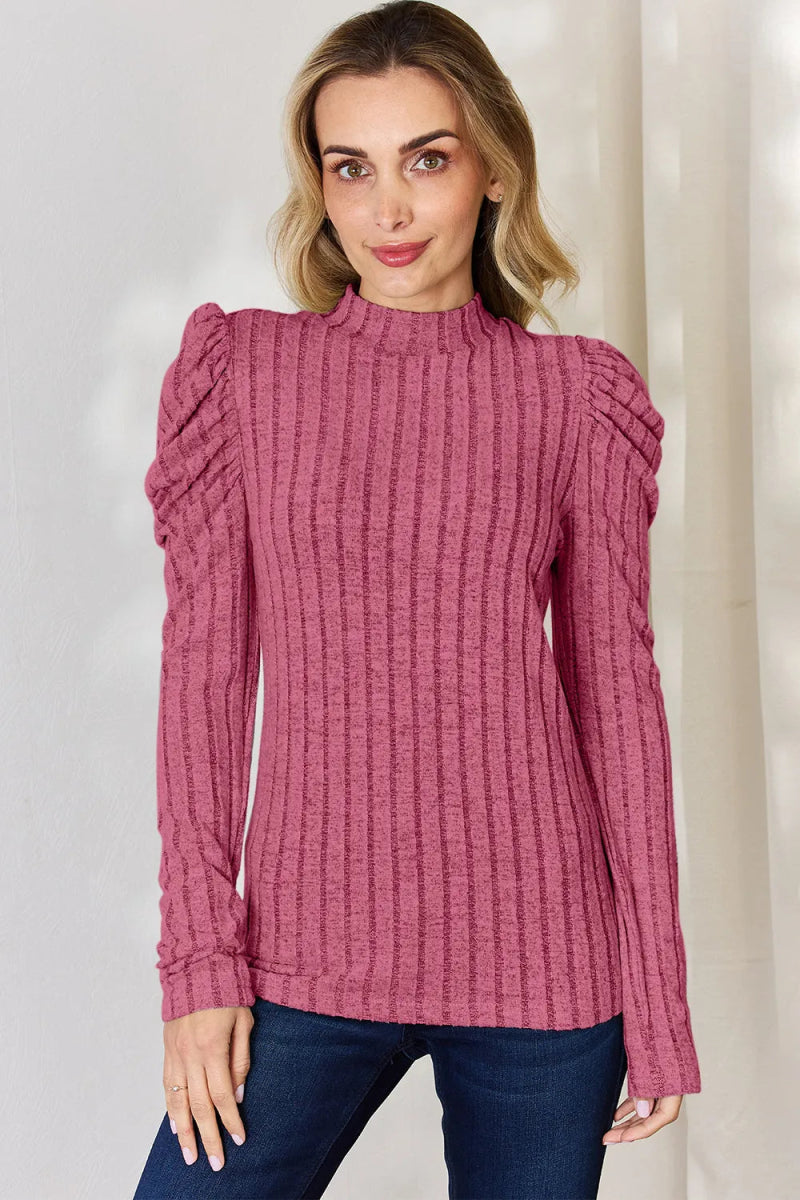 Basic Bae Full Size Ribbed Mock Neck Puff Sleeve T-Shirt - Hopeford Streams
