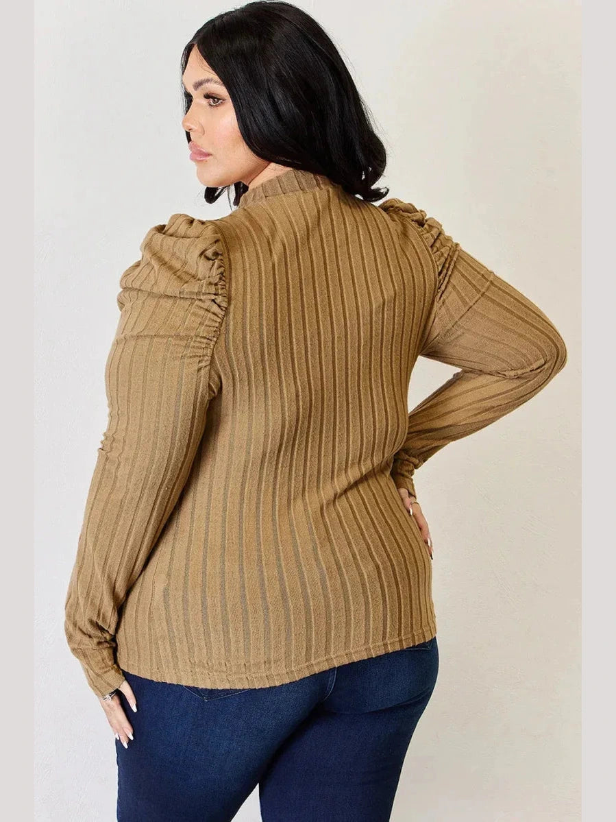Basic Bae Full Size Ribbed Mock Neck Puff Sleeve T-Shirt -- 