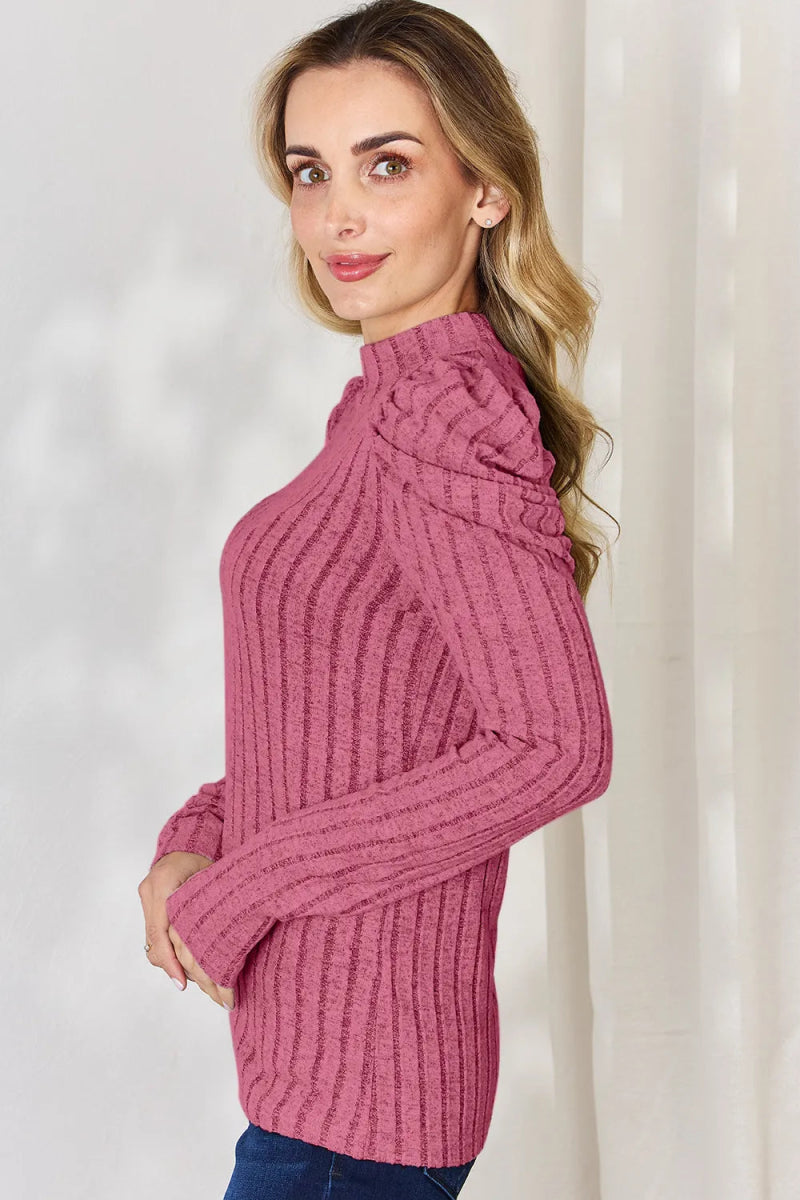 Basic Bae Full Size Ribbed Mock Neck Puff Sleeve T-Shirt - Hopeford Streams