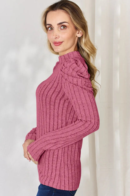 Basic Bae Full Size Ribbed Mock Neck Puff Sleeve T-Shirt - Hopeford Streams