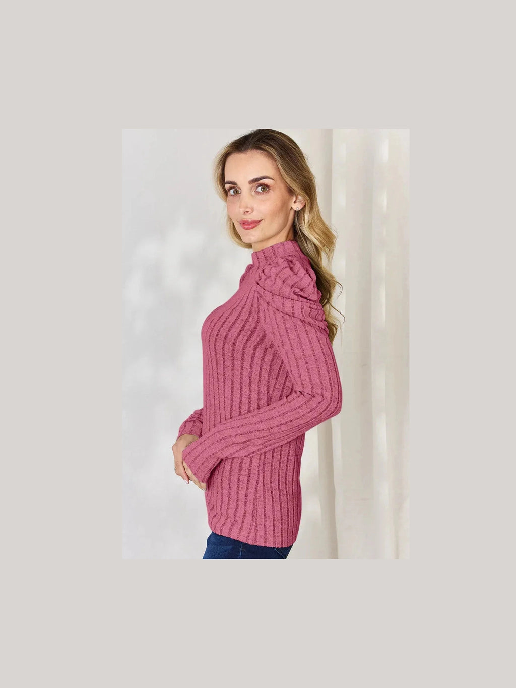Basic Bae Full Size Ribbed Mock Neck Puff Sleeve T-Shirt -- 