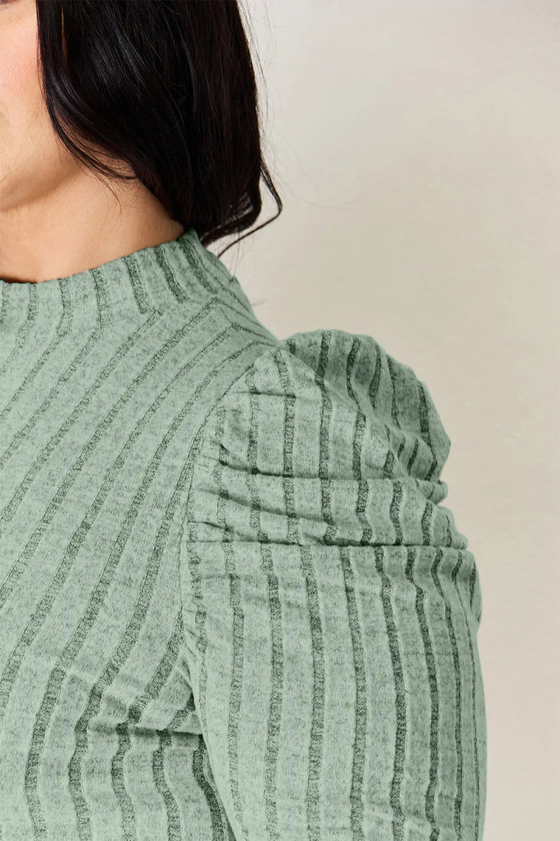 Basic Bae Full Size Ribbed Mock Neck Puff Sleeve T-Shirt - Hopeford Streams