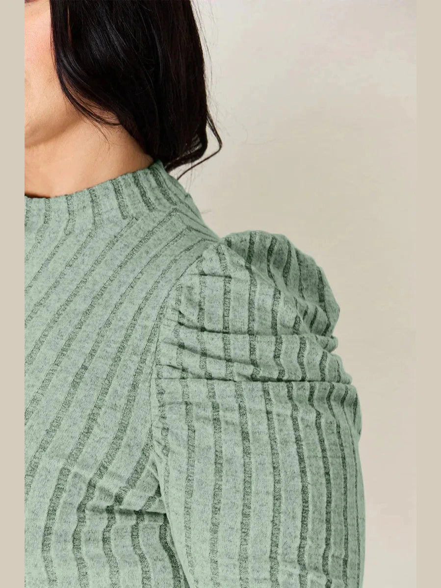 Basic Bae Full Size Ribbed Mock Neck Puff Sleeve T-Shirt -- 