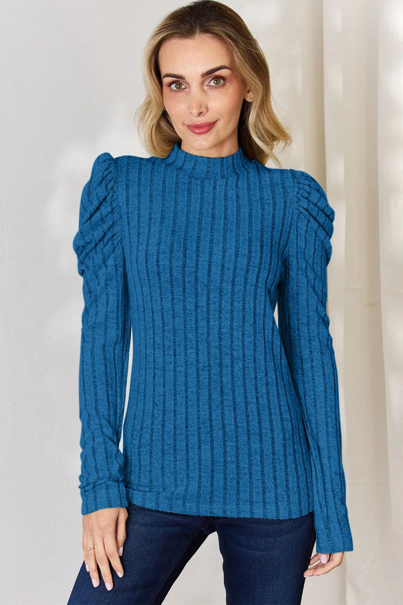 Basic Bae Full Size Ribbed Mock Neck Puff Sleeve T-Shirt - Hopeford Streams