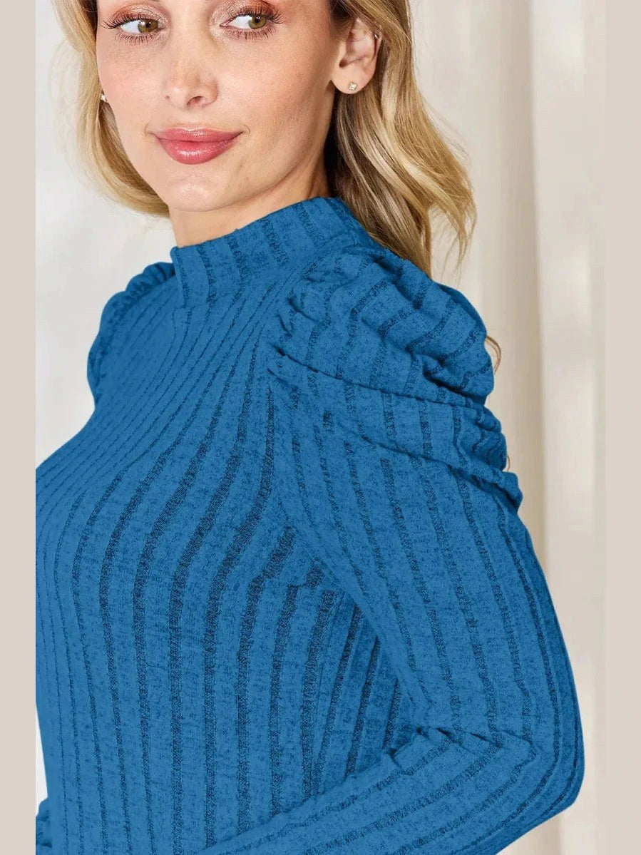 Basic Bae Full Size Ribbed Mock Neck Puff Sleeve T-Shirt -- 