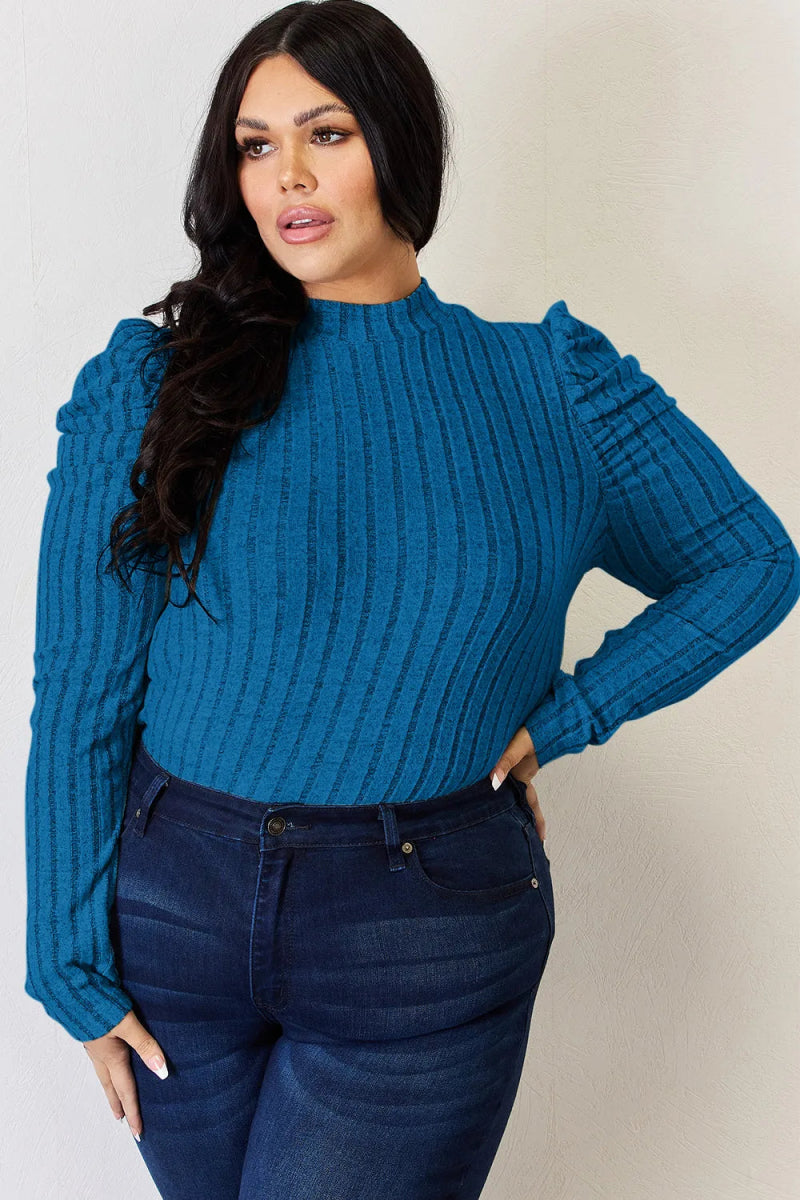 Basic Bae Full Size Ribbed Mock Neck Puff Sleeve T-Shirt - Hopeford Streams