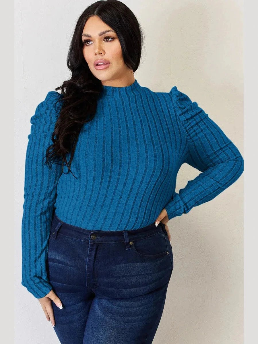 Basic Bae Full Size Ribbed Mock Neck Puff Sleeve T-Shirt -- 