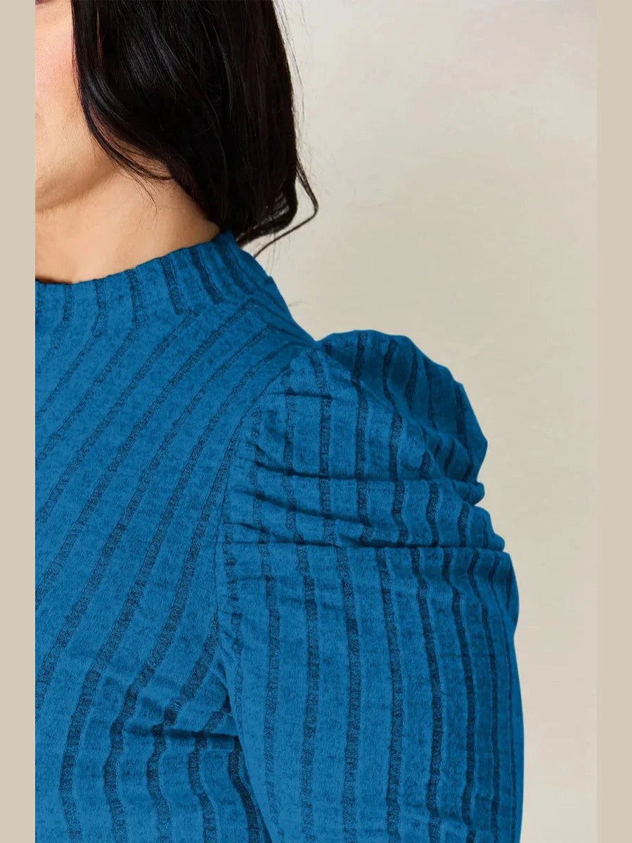 Basic Bae Full Size Ribbed Mock Neck Puff Sleeve T-Shirt -- 
