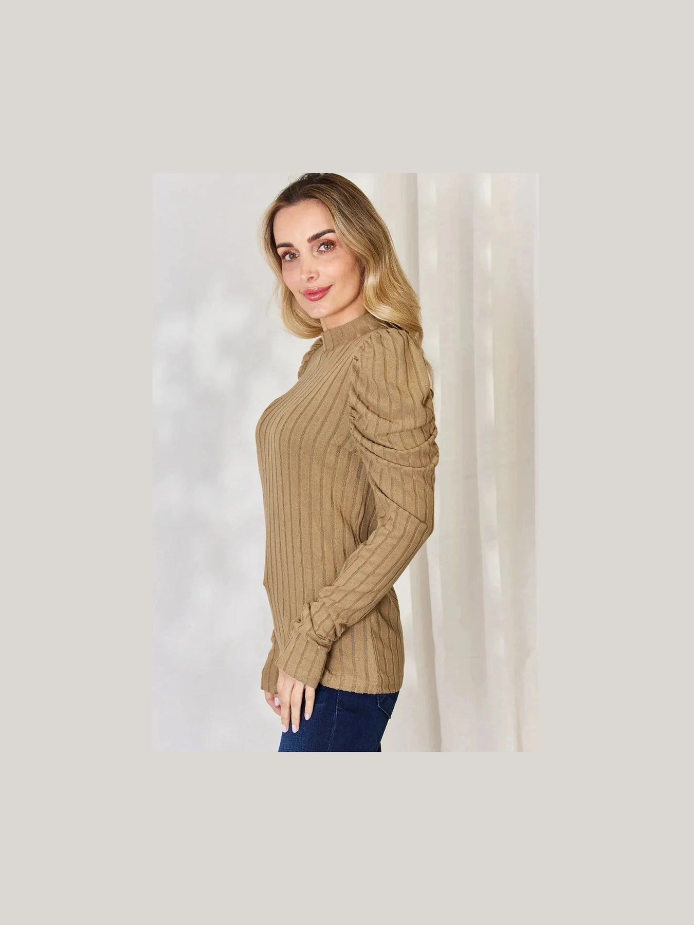 Basic Bae Full Size Ribbed Mock Neck Puff Sleeve T-Shirt -- 