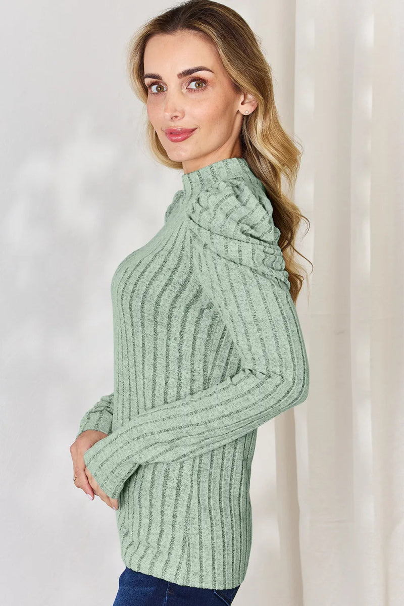 Basic Bae Full Size Ribbed Mock Neck Puff Sleeve T-Shirt - Hopeford Streams