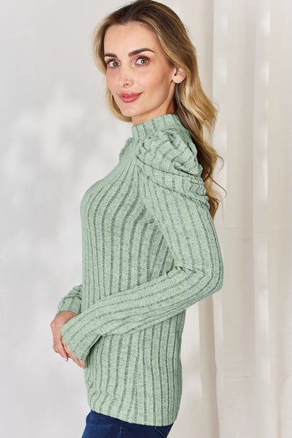 Basic Bae Full Size Ribbed Mock Neck Puff Sleeve T-Shirt - Hopeford Streams