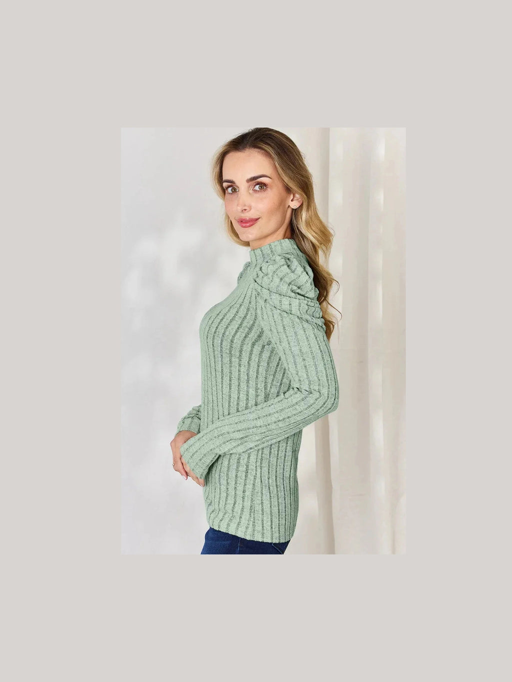 Basic Bae Full Size Ribbed Mock Neck Puff Sleeve T-Shirt -- 