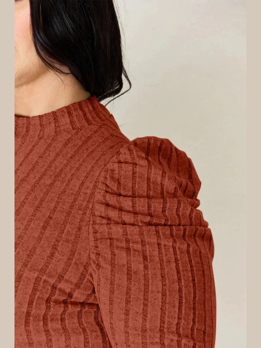 Basic Bae Full Size Ribbed Mock Neck Puff Sleeve T-Shirt -- 