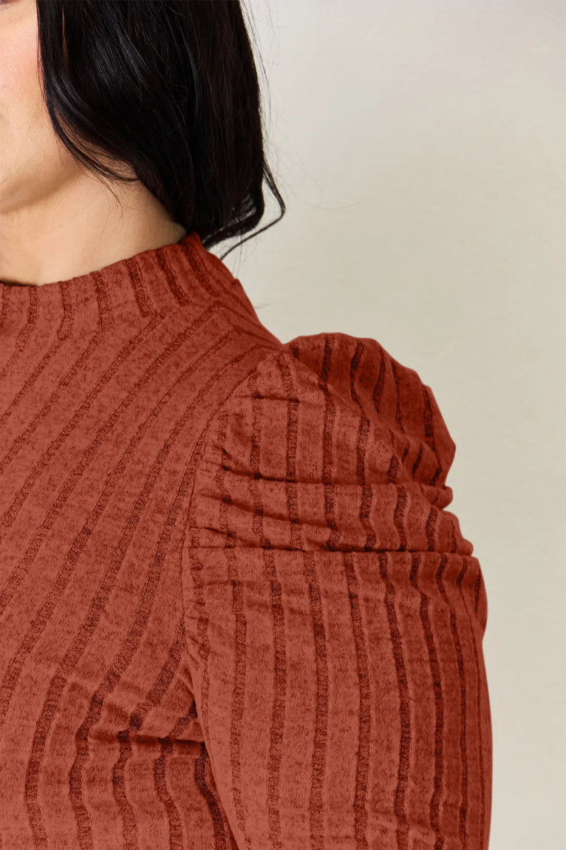 Basic Bae Full Size Ribbed Mock Neck Puff Sleeve T-Shirt - Hopeford Streams