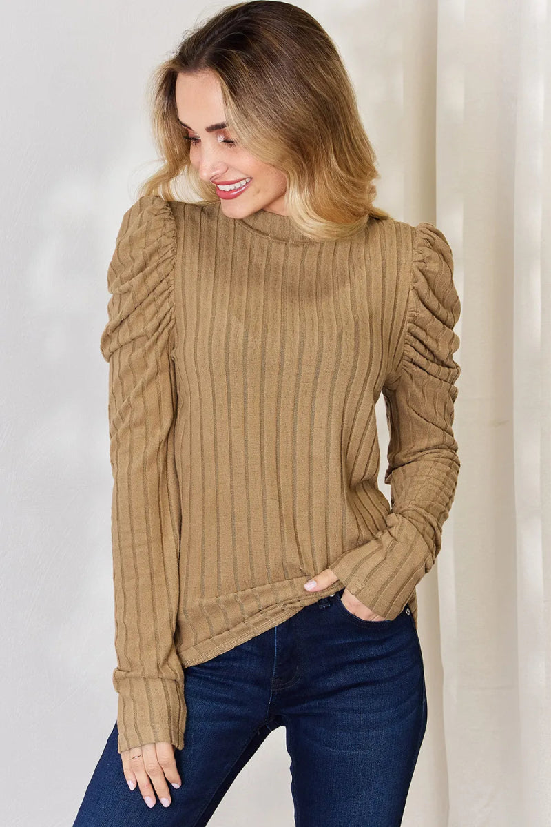 Basic Bae Full Size Ribbed Mock Neck Puff Sleeve T-Shirt - Hopeford Streams