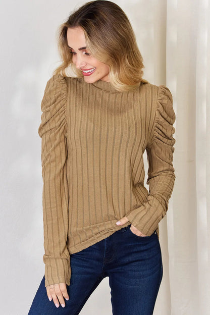 Basic Bae Full Size Ribbed Mock Neck Puff Sleeve T-Shirt - Hopeford Streams