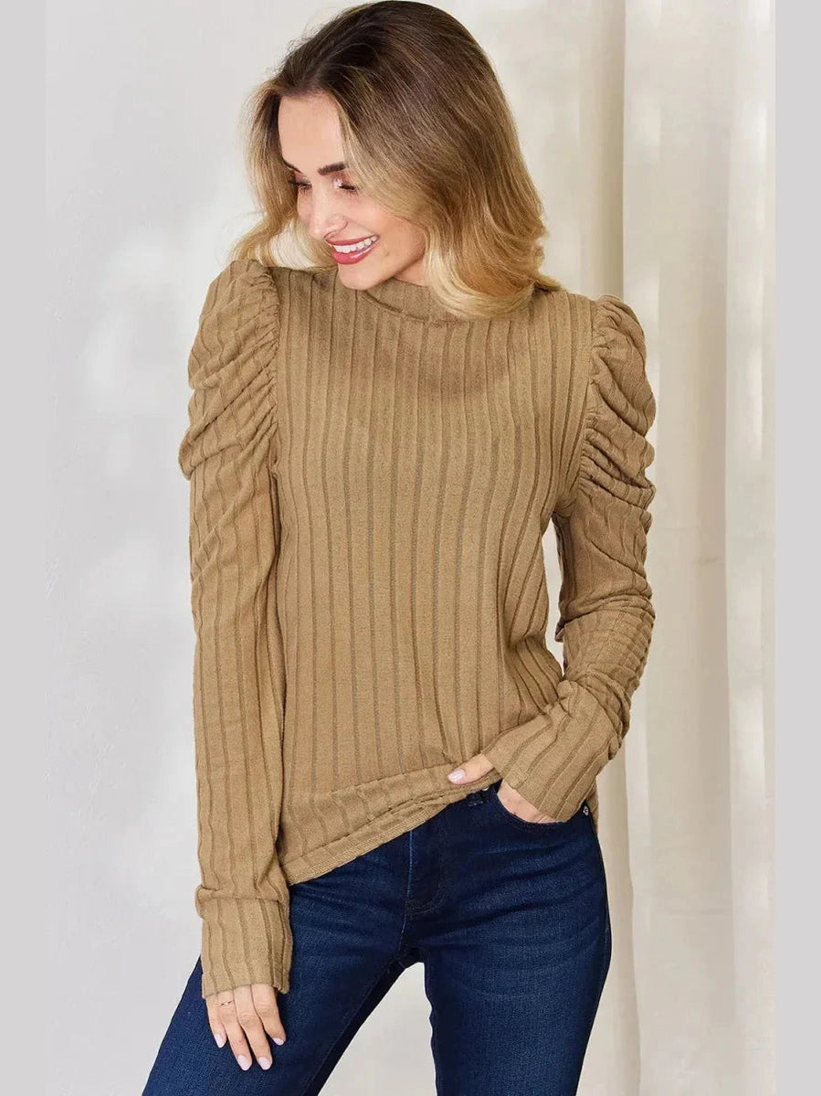 Basic Bae Full Size Ribbed Mock Neck Puff Sleeve T-Shirt -- 