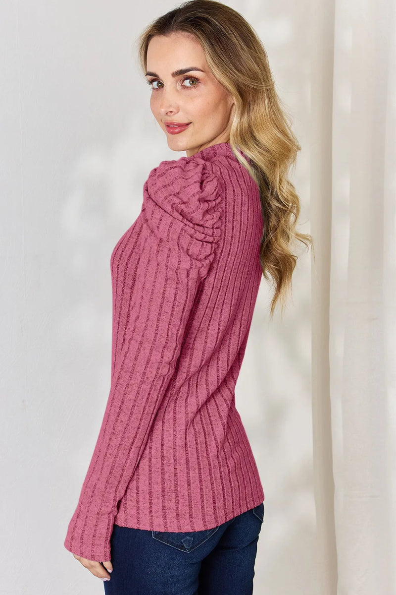 Basic Bae Full Size Ribbed Mock Neck Puff Sleeve T-Shirt - Hopeford Streams