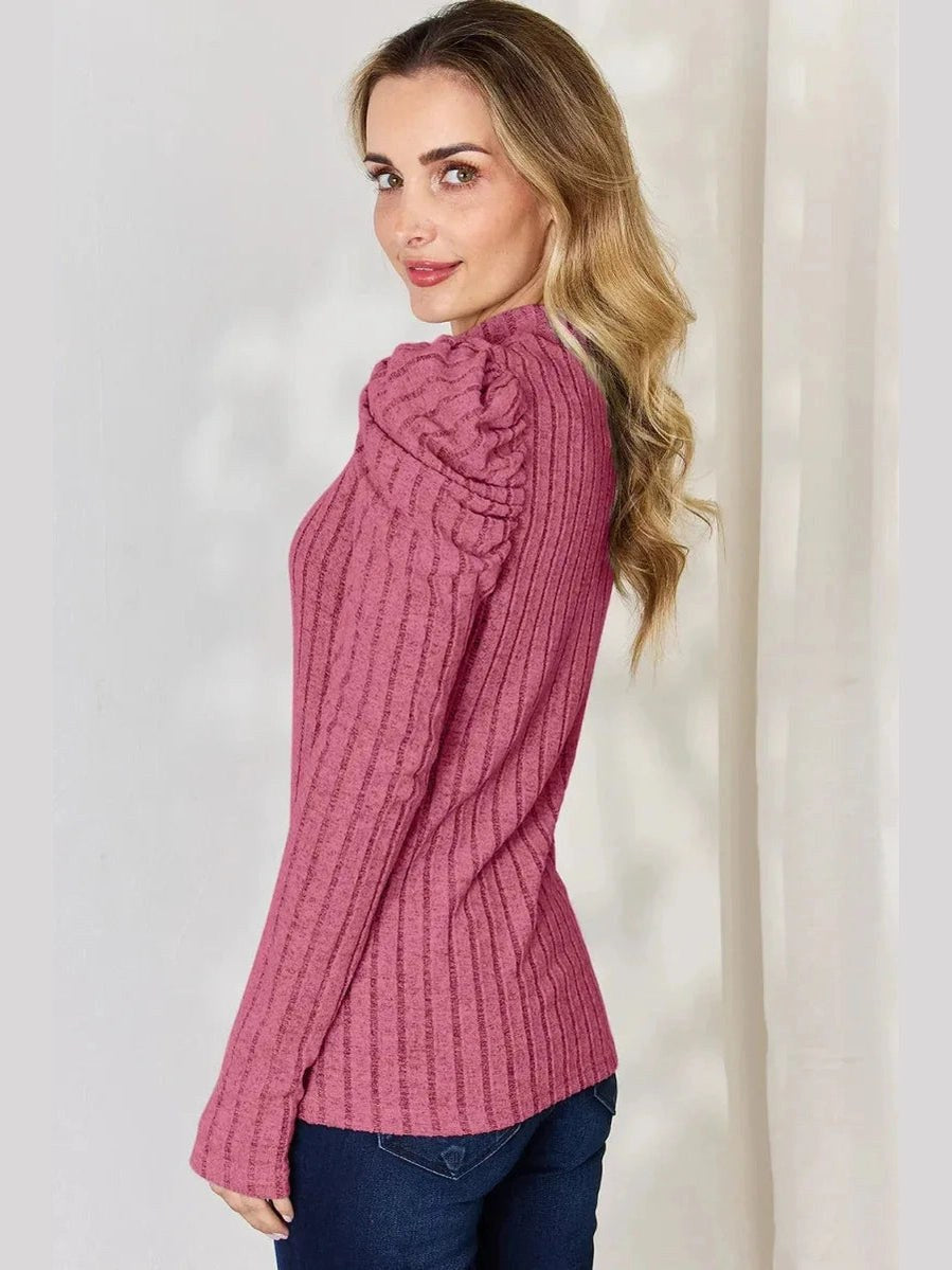Basic Bae Full Size Ribbed Mock Neck Puff Sleeve T-Shirt -- 