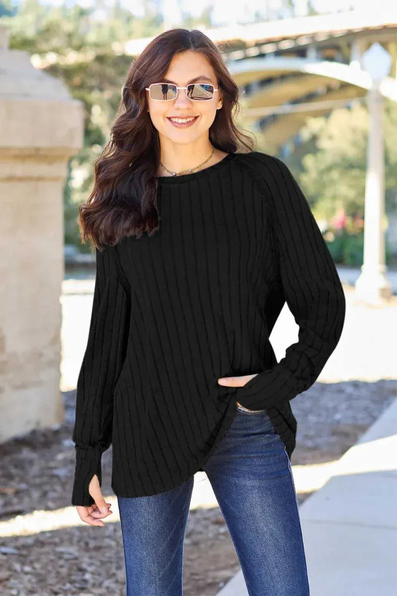 Full Size Ribbed Round Neck Long Sleeve Knit Top BY Basic Bae -- 