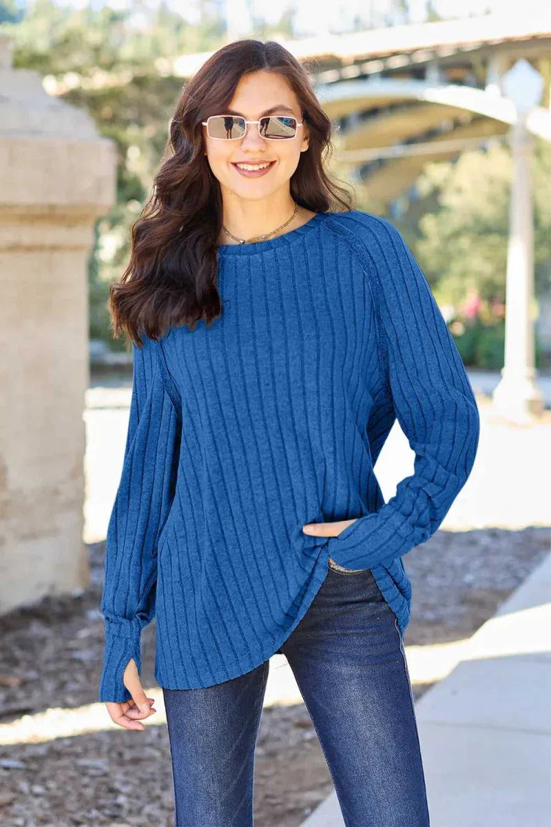 Full Size Ribbed Round Neck Long Sleeve Knit Top BY Basic Bae -- 